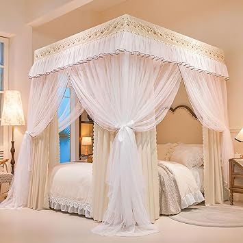 4 Corners Post Solid Color Bed Canopy Curtain Double Layer-Curtain & Ruffle Princess Mosquito Net 3 Opening Netting for Girls Teens Or Adults Bedroom Decoration Beige-3, Full