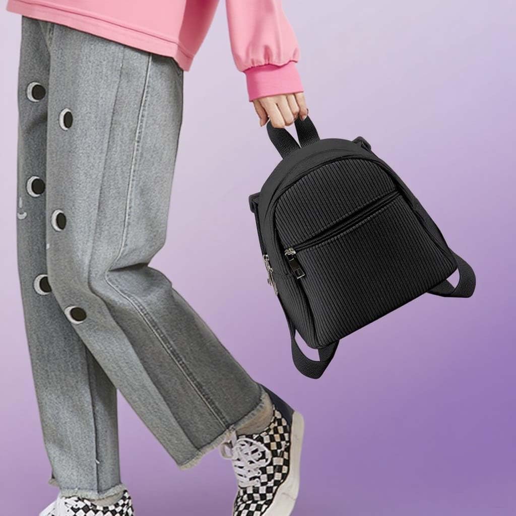 Corduroy Small Backpack for Womens and Girls, Mini Backpack Casual Backpacks Fashion Cute Backpacks Purse (Style 1, Black) - Image 7