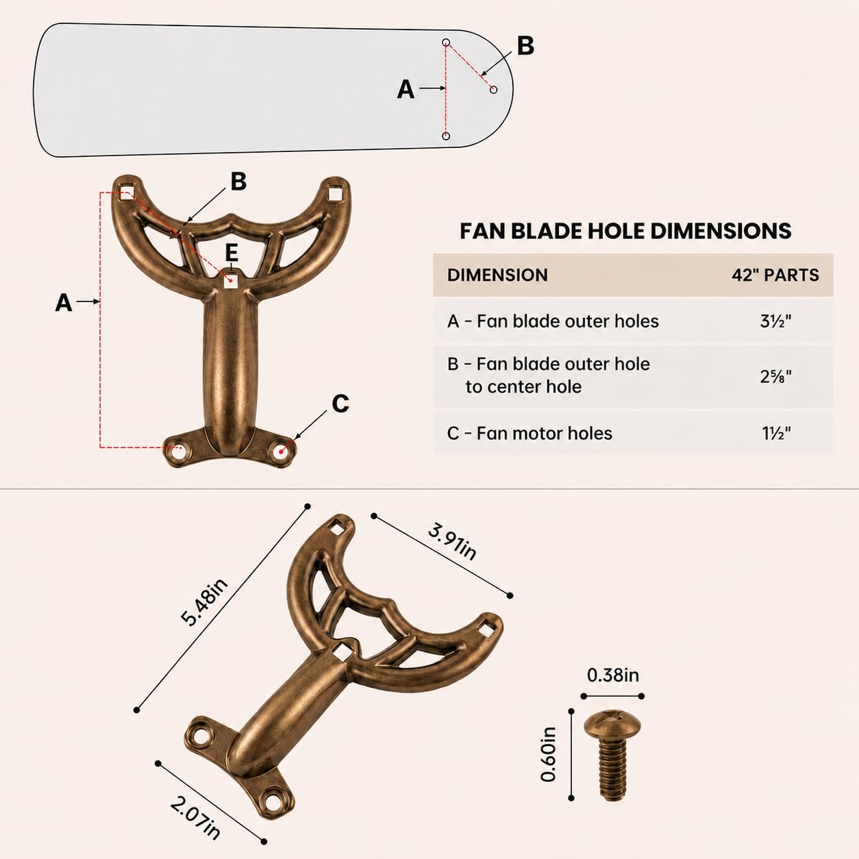 Ceiling Fan Blade Arms, 5-Pack Replacement Fan Blade Holder Arms for 42 Inch Ceiling Fans, Compatible with Model 7740200, Antique Brass