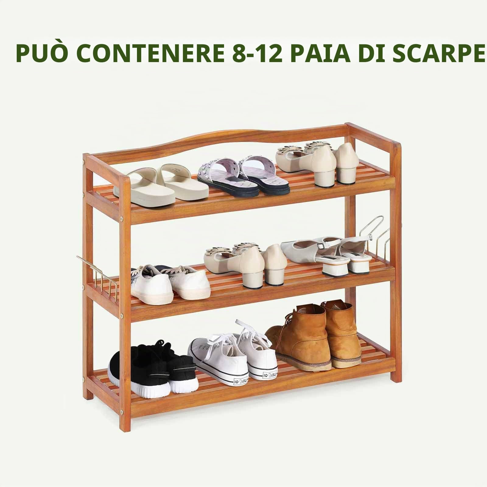 HOMASIS Scaffale Portascarpe in Legno, Scarpiera Salvaspazio con Ganci Metallici Laterali, Organizzatore di Scarpe per Corridoio, Soggiorno o Camera da Letto (74 x 26 x 62 cm)