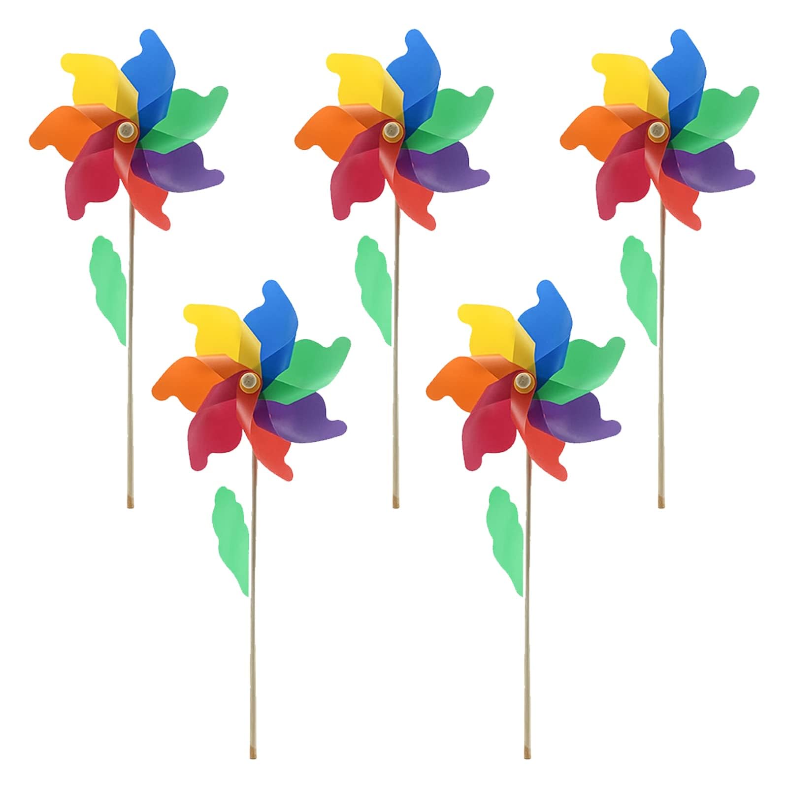 5 PCS Colorful Windmills Wooden Pole Rainbow Windmills Plastic Rainbow Pinwheels for for the Yard Garden Lawn Patio Outdoor Decor Party Decorations (5PCS)