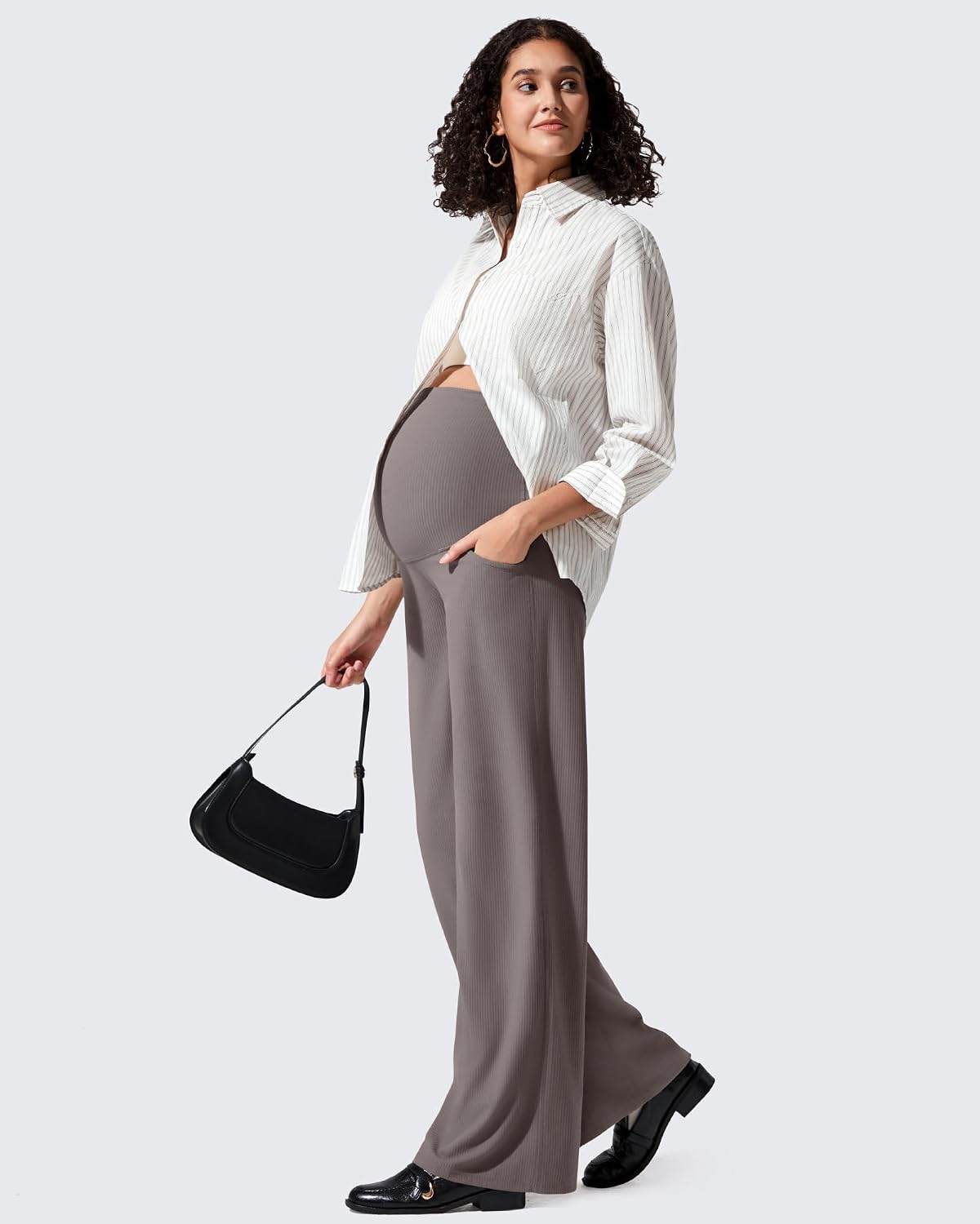 G4Free Ribbed Maternity Yoga Pants with Pockets Over The Belly Wide Leg Casual Pregnancy Lounge Trousers