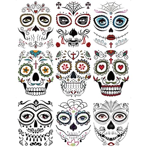 DaLin 9 Sheets Floral Day of the Dead Sugar Skull Temporary Face Tattoos for Halloween Cover