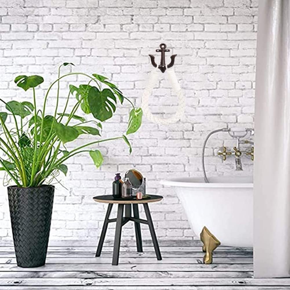 2 Pcs White Nautical Rope Toilet Paper Holder Wall-Mounted Towel Ring Nautical Toilet Paper Holder with Metal Hooks Coastal Towel Rack （Black+Black）