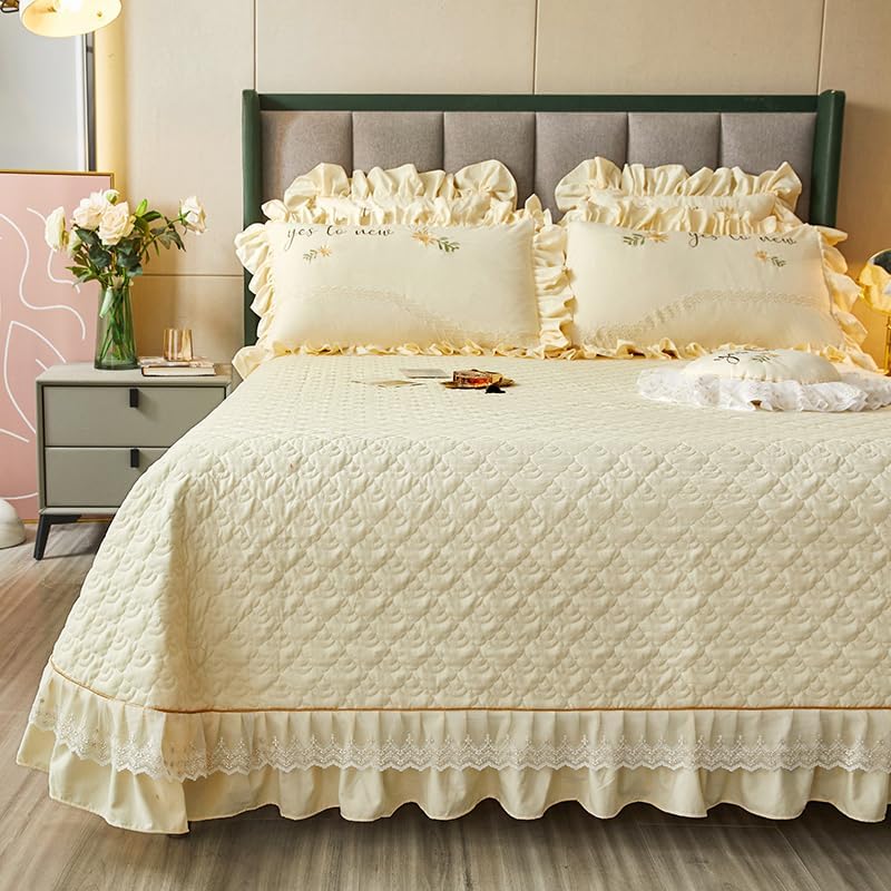 Quilted Lace Ruffle Bedspread Brushed Microfiber Coverlet Queen Size Bed Spread for All Seasons, Light Yellow