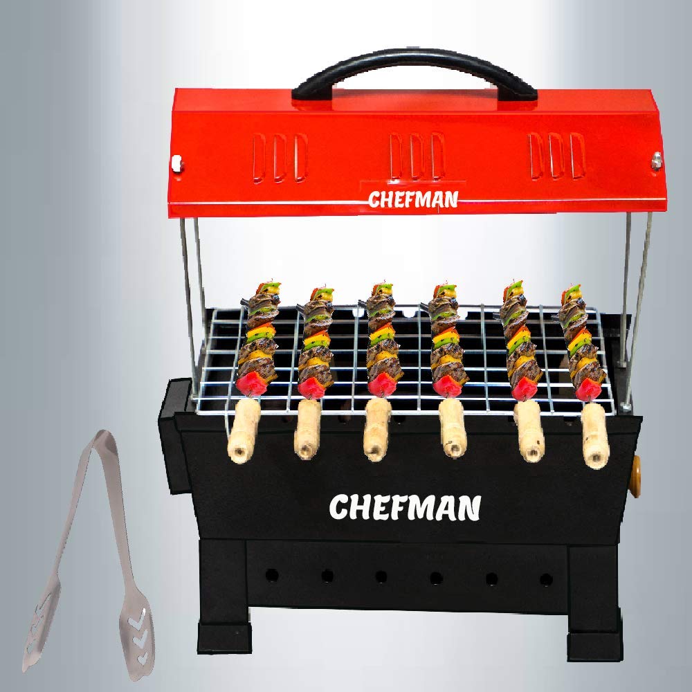 Wellberg Portable Picnic Iron Barbeque Charcoal Grill with 6 Wooden Handle Skewers & Tong (Black) Electric Grill-image-20