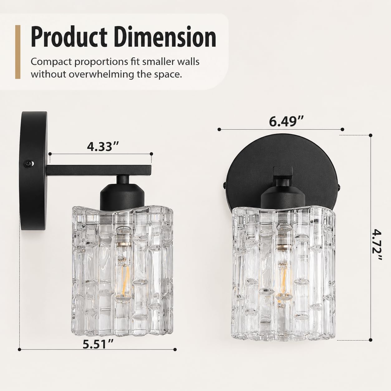 1-Light Modern Matte Black Crystal Wall Sconce, Hardwired Indoor Bathroom Vanity Light Fixture, Crystal Over Mirror Wall Lamp for Living Room, Bedroom, Hallway