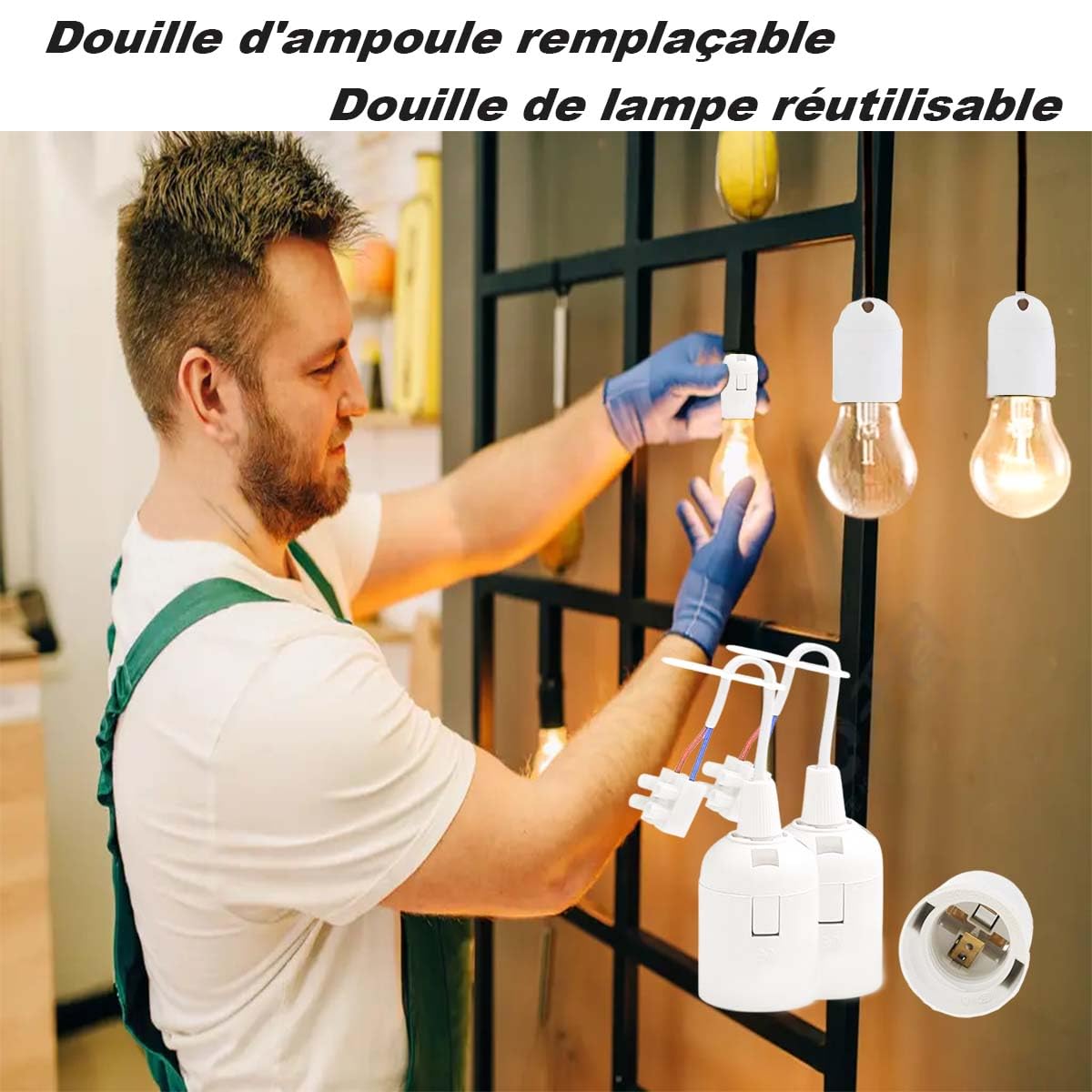 BORDEAG Zoutlamp Snoerset – 4 Stuks E27-lamphouders Met Schakelaar En Stekker, 5 Meter Kabel, Wit, Inclusief Haken En Beugels, Ideaal Voor Hanglampen