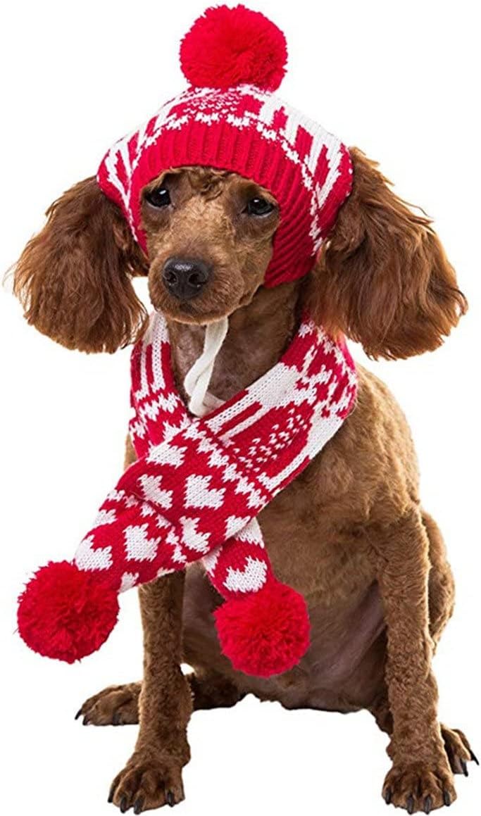 Pet Dog Christmas Costume Xmas Reindeer Scarf and Hat Set Party Accessories Knit for Pet from Small to Large