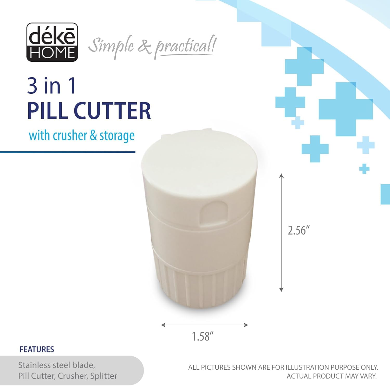 Deke Home - 3 in 1 Pill Cutter & Crusher with Storage, Compact Pill Splitter with Stainless Blade, Powder Grinder & Travel Cup, Best for Scored Tablets, Vitamins & Medication, BPA Free