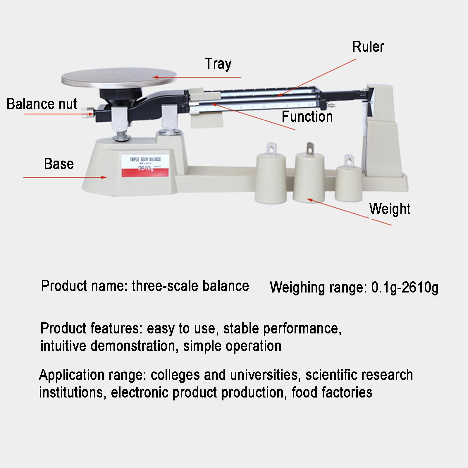 0.1g-2610g Balanza Mecánica De Triple Brazo, Balanza Mecánica De Precisión con 3 Pesas, Precisión 0.1g, Duradera Y Clara, para Escuela, Fábricas, Laboratorio
