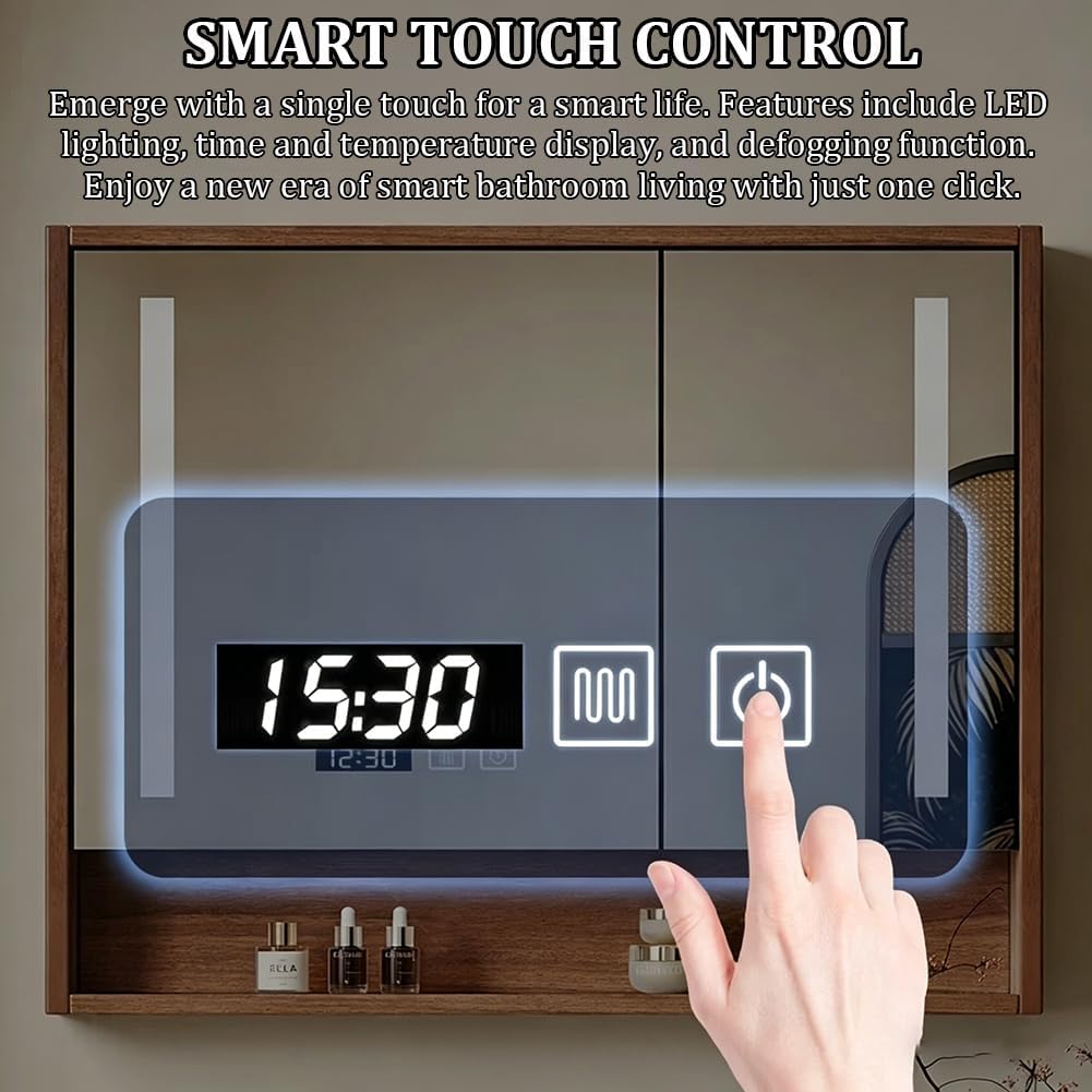 Large Wall-Mounted Bathroom Mirror Medicine Cabinet, Wooden Bathroom Storage Cabinet, with Smart LED Defogger, Time Display, Touch Switch, and Floating Organizer,L118cm