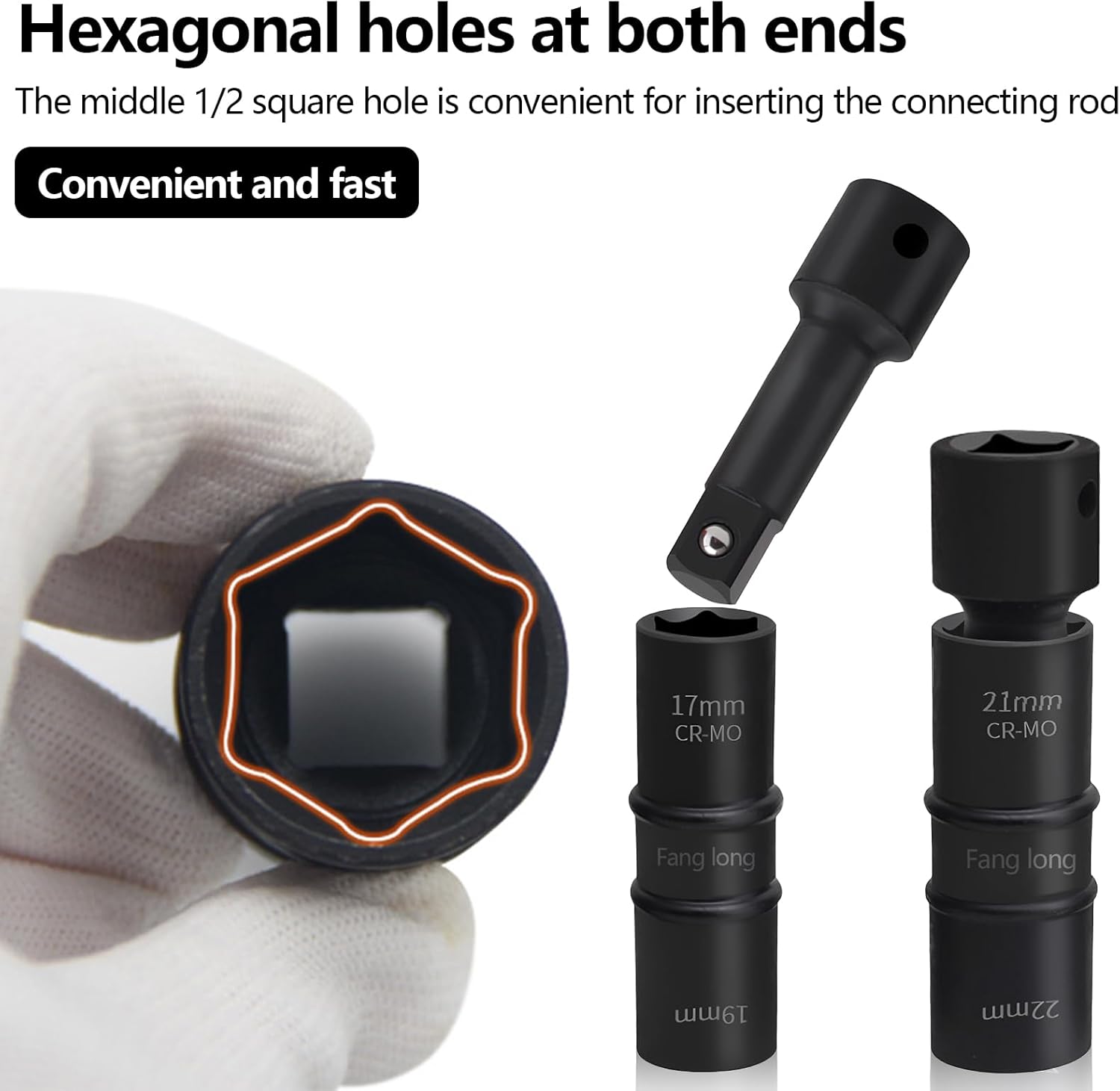 Impact Wrench Nuts, Long Nut Set 17/19/20/21 mm with Impact Socket Set 1/2 Inch Ratchet Box Socket Set Hexagonal Socket for Car Repairs Tyre Change