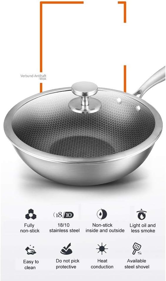 Cooking Pot, Frying Pan,304 Stainless Steel Wok Full Honeycomb No-Smoke Non-Stick Cooker Induction Cooker Gas Stir-Fry Iron Pot Pot
