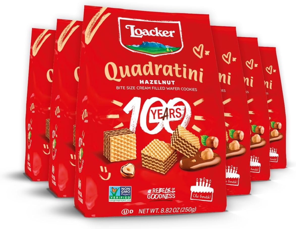 Quadratini Hazelnut Wafer Cookies LARGE - 30% Less Sugar - Premium Crispy Bite Size Wafers - NON-GMO - LARGE Pack of 6