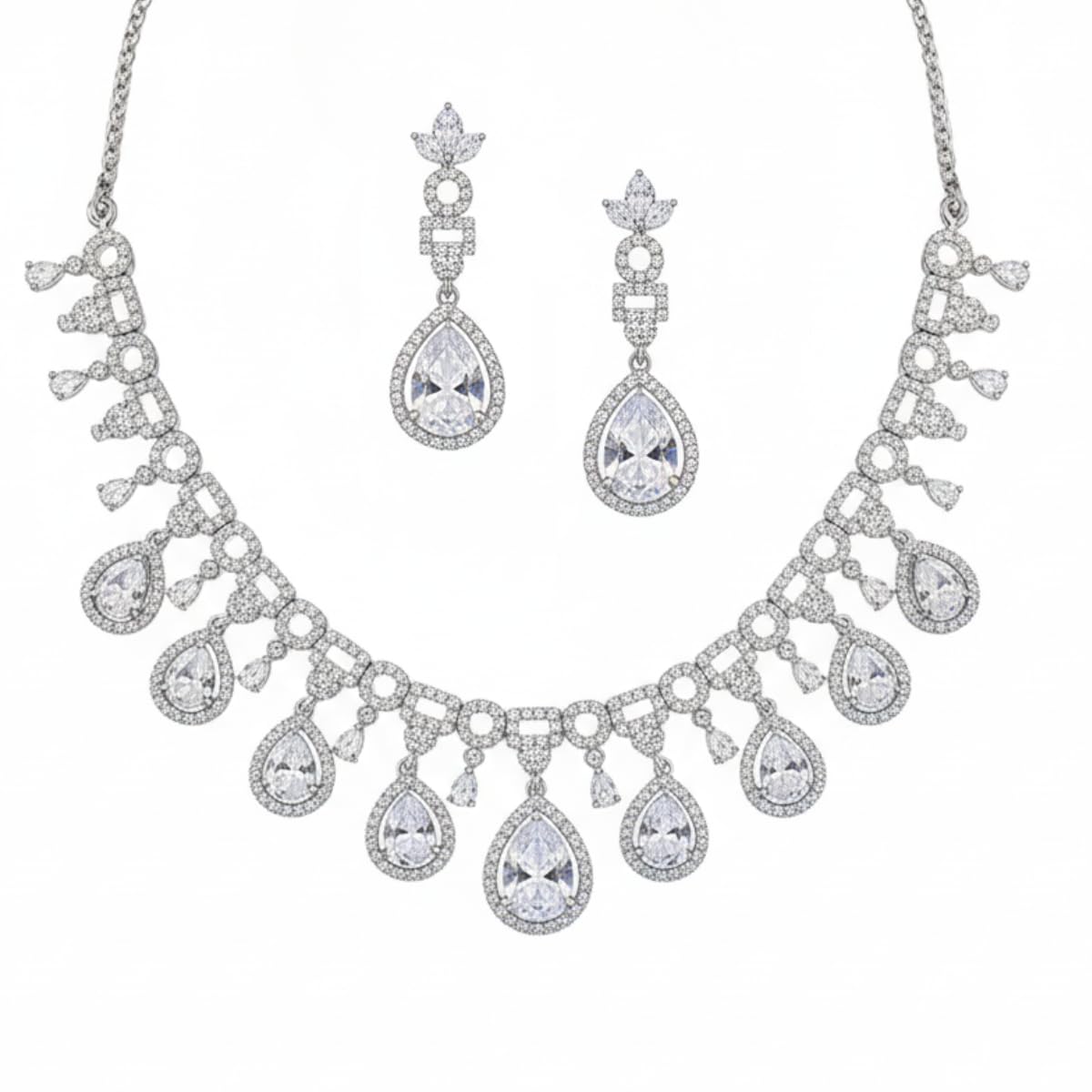 Premium Brass Bridal Necklace Set for Women Studded with Sparkling American Diamonds | Elegant Teardrop Design with Matching Earrings for Weddings, Parties & Special Occasions-image-14