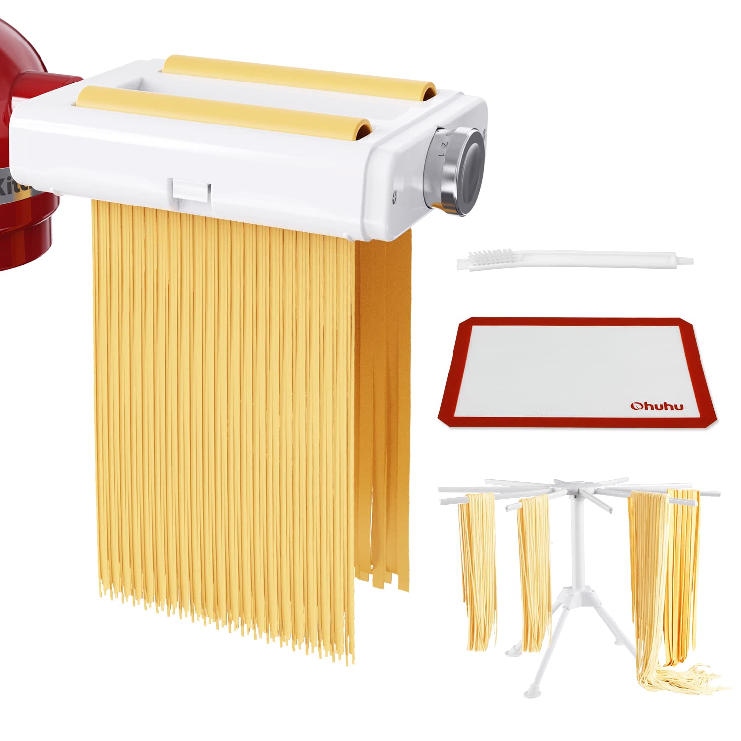 Pasta Maker Attachment for Kitchenaid Stand Mixer, Ohuhu 3 in 1 Pasta Maker Set Includes Pasta Roller, Fettuccine Cutter&Spaghetti Cutter, with Pasta Drying Pack, Dough Rolling Mat, Cleaning Brush