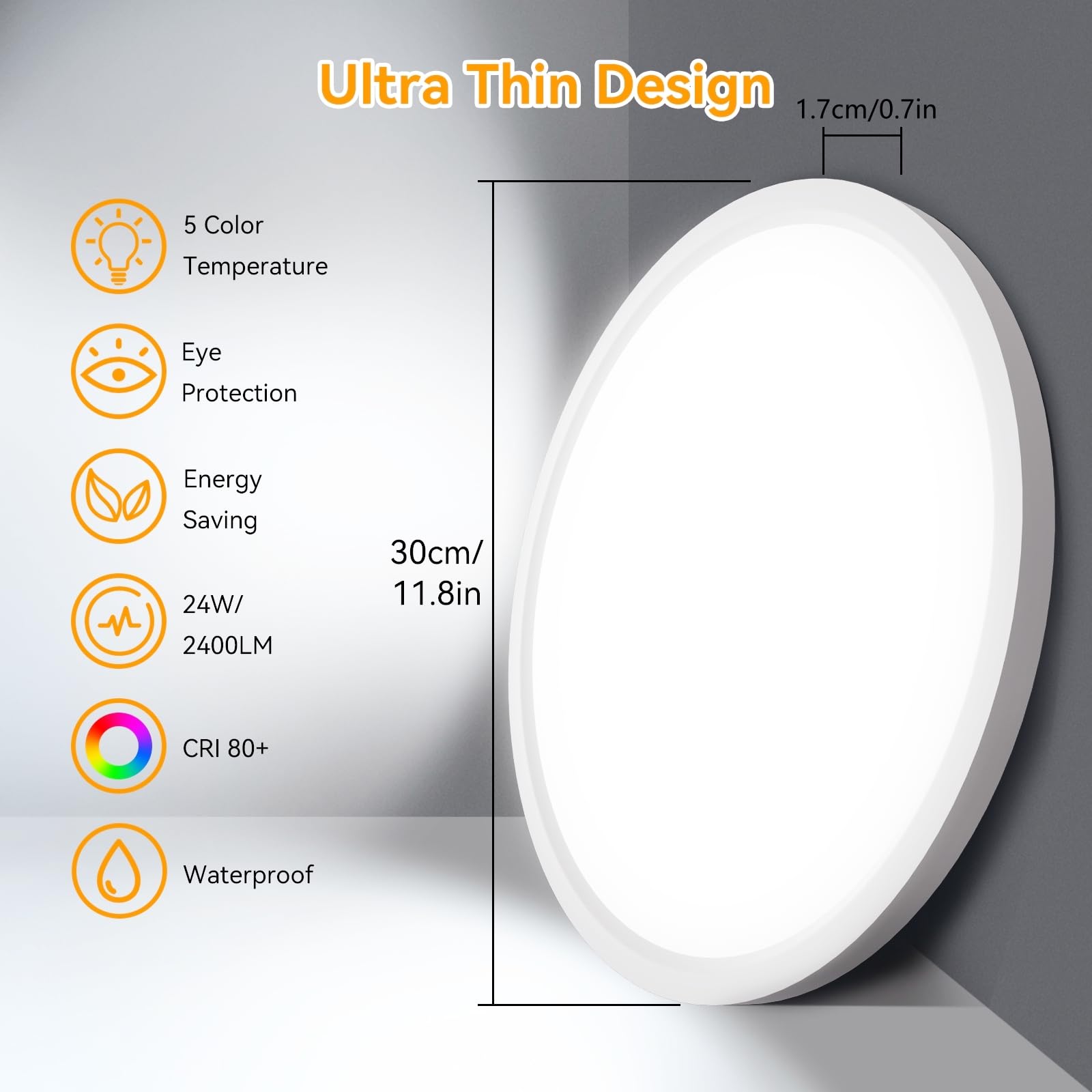 AVANLO 2 Stück LED Deckenleuchte Flach Ø30CM, Superhell 2400LM 24W Deckenlampe Wohnzimmer, 5 Farbtemperaturen Ultra Dünn Rund Küchenlampe für Schlafzimmer Balkon Flur Garage