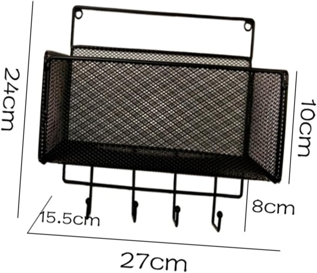 MAGICLULU Wall Mounted Storage Rack with Hooks for Kitchen and Bathroom Black Iron Mesh Shelf No Perforation Design Versatile Storage Solution for Keys and Accessories image 2