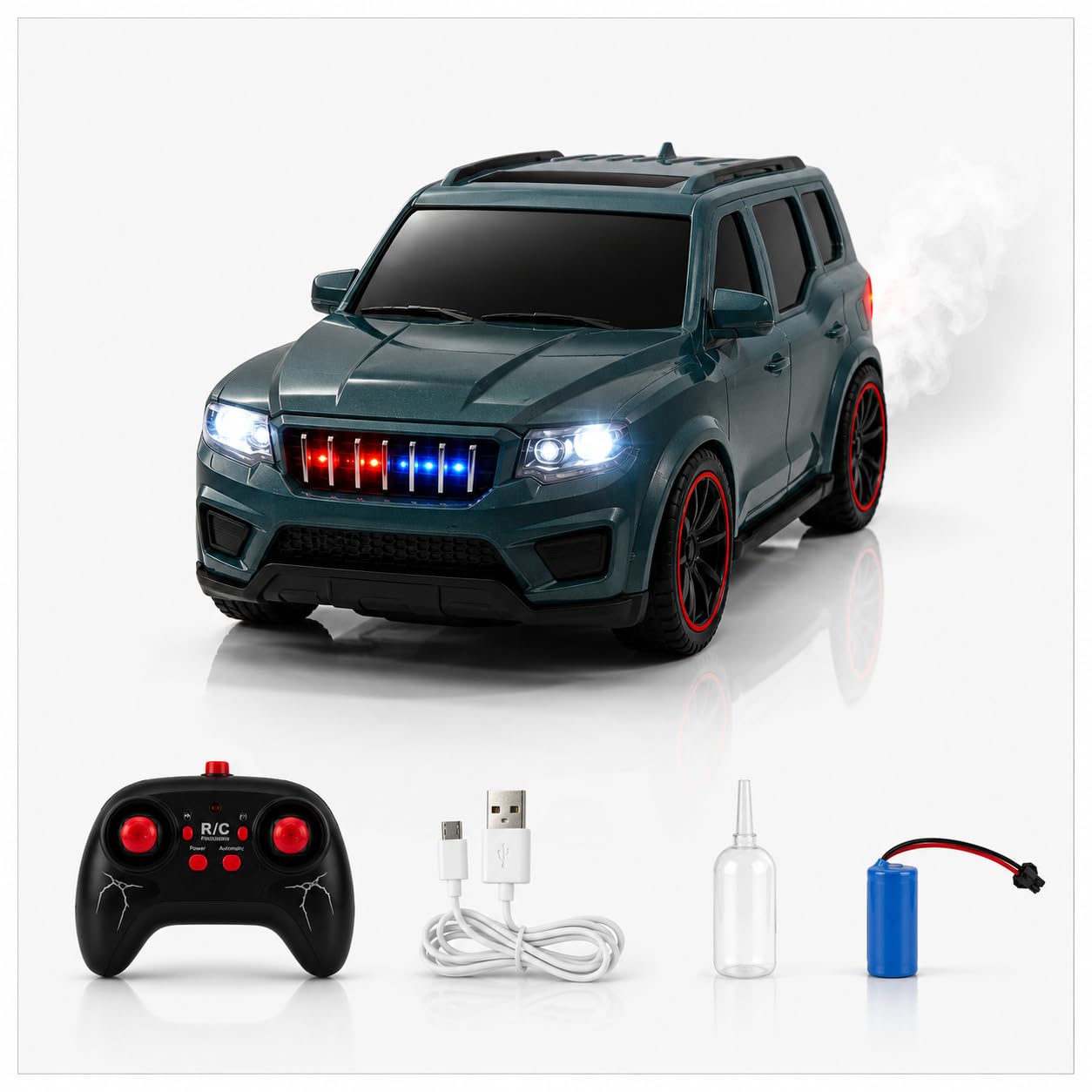 The Flyers Bay 1:18 Scale Remote Control SUV Car for Kids, Blue | Long Range 2.4G Remote, Rechargeable Battery, Spray Mist Effect, Police Lights & Siren & Music, Auto Mode-image-25