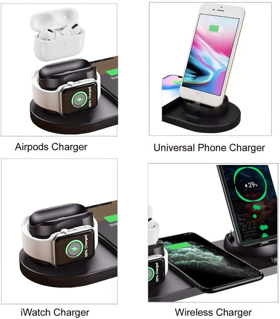 6 in 1 Charger Station Compatible with iPhone/Android/Type-C, Aqonsie Qi Fast Wireless Charging Dock Stand for Apple Watch/AirPods Pro/AirPods/iPhone/Samsung/Huawei/HTC/LG Christmas (Black)
