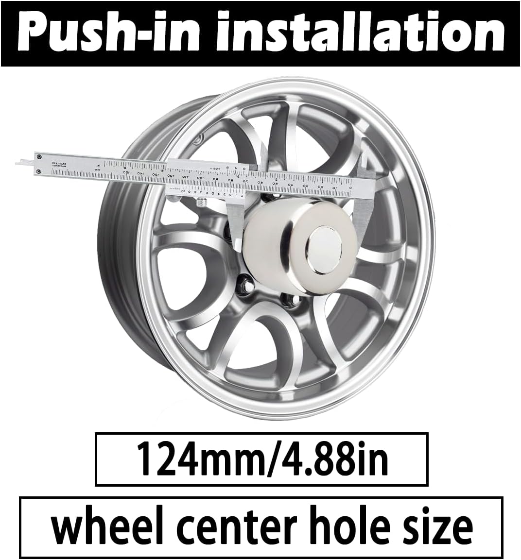4Pcs 4.88inch Stainless Trailer Wheel Center Caps Push Through 4.88" Bore 4.47" Tall Top Removable Hub Cap for Truck SUV RV Wheel Rim, Chrome Wheel Cover