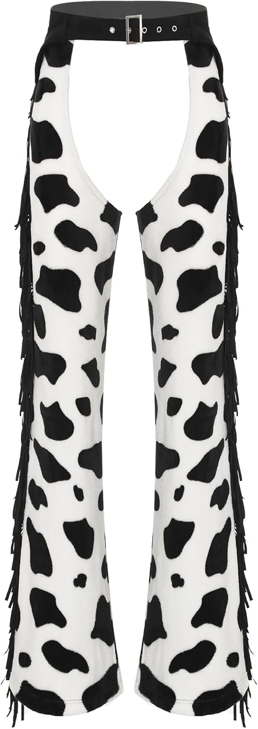 Sywiyi Women Adult Cowgirl Chaps Cow Print Long Pants with Side Tassels for Halloween Cosplay Party