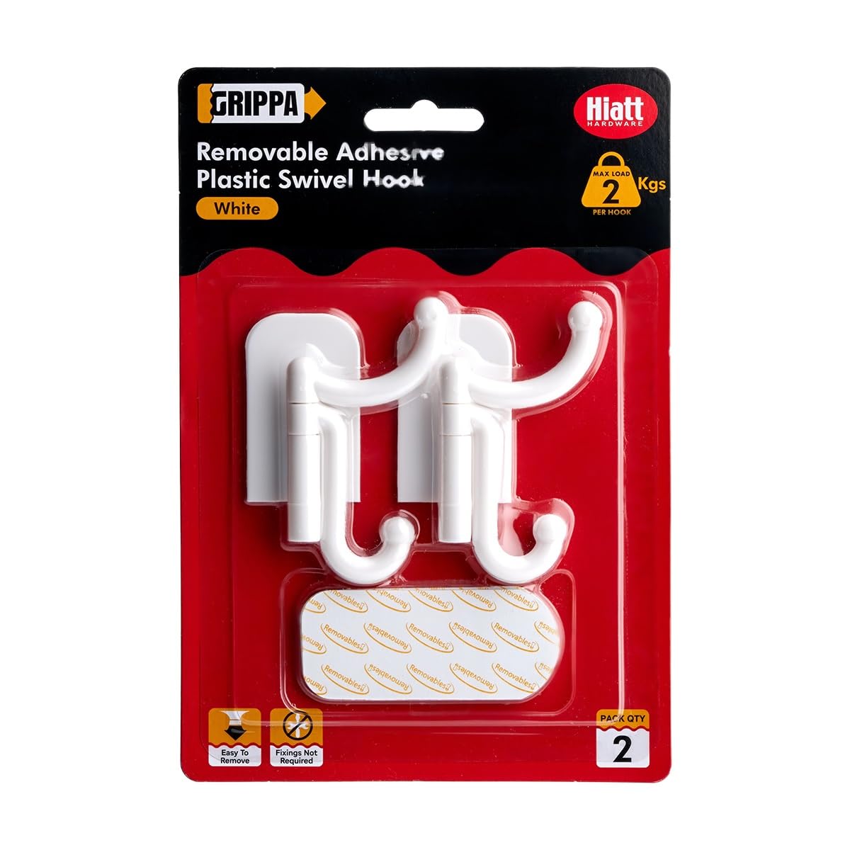 GRIPPA Self Adhesive Swivel Hooks, Removable Sticky Hooks, Holds Up to 2kg - White Pack of 2