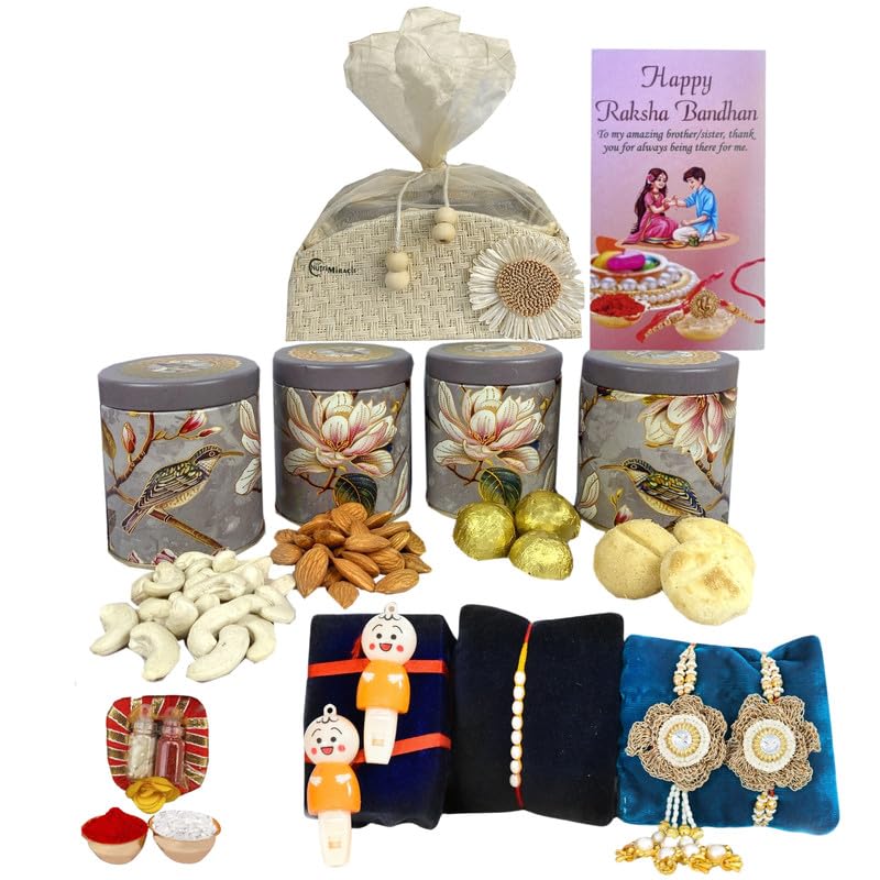 Image of NUTRI MIRACLE Rakhi Gift Hamper with Chocolates, Dry Fruits, Tilak Thali and Greeting Card for Bhaiya Bhabhi and Family