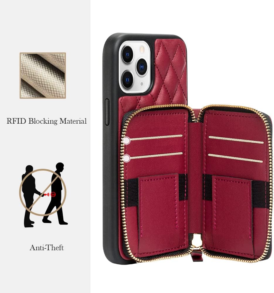 LAMEEKU iPhone 11 Pro Max Wallet Case, Crossbody Wallet Case Quilted Leather Card Holder for Lady with Wrist Strap Protective Bumper Compatible with iPhone 11 Pro Max, 6.5"-Burgundy