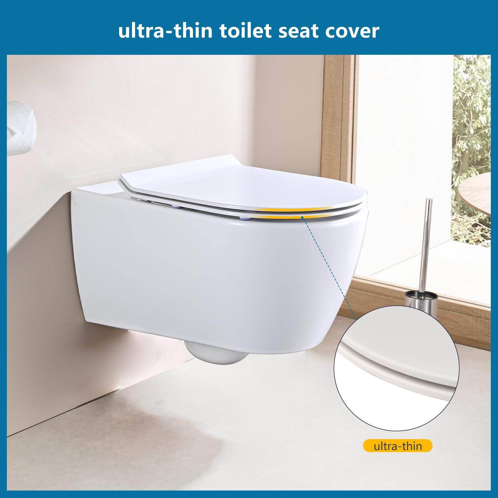 Abattant WC Ultra-mince Forme D [COURT], Lunette de Toilette avec Frein de Chute, Siège de toilette en Urée-formaldéhyde avec fonction détachable, Blanc, 42,7 * 36,4 cm