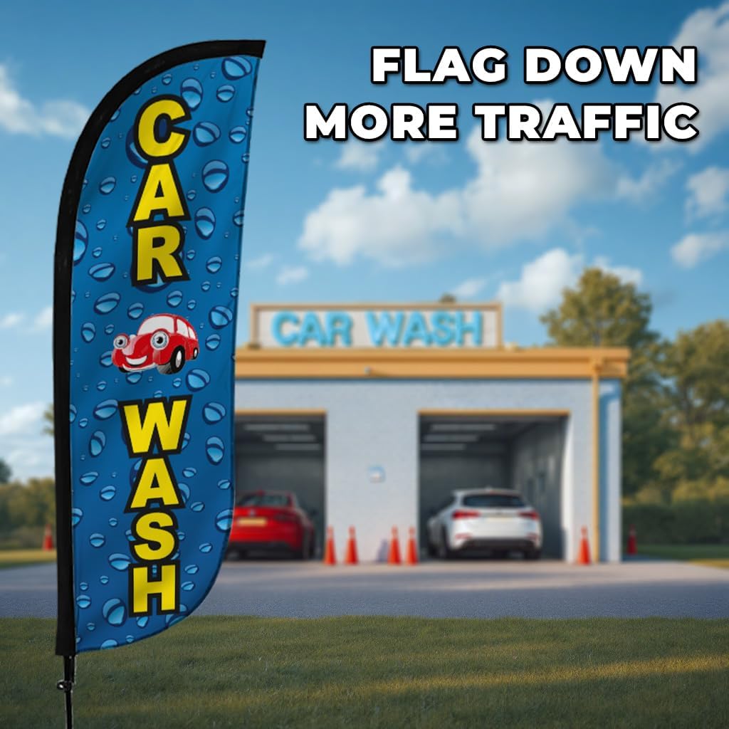LookOurWay Feather Flag Pole Kit - 7 Feet Tall Advertising Flag Banner with Fiberglass Pole Set and Ground Spike for Business Promotion - Car Wash Flags - Car Wash Water Drips