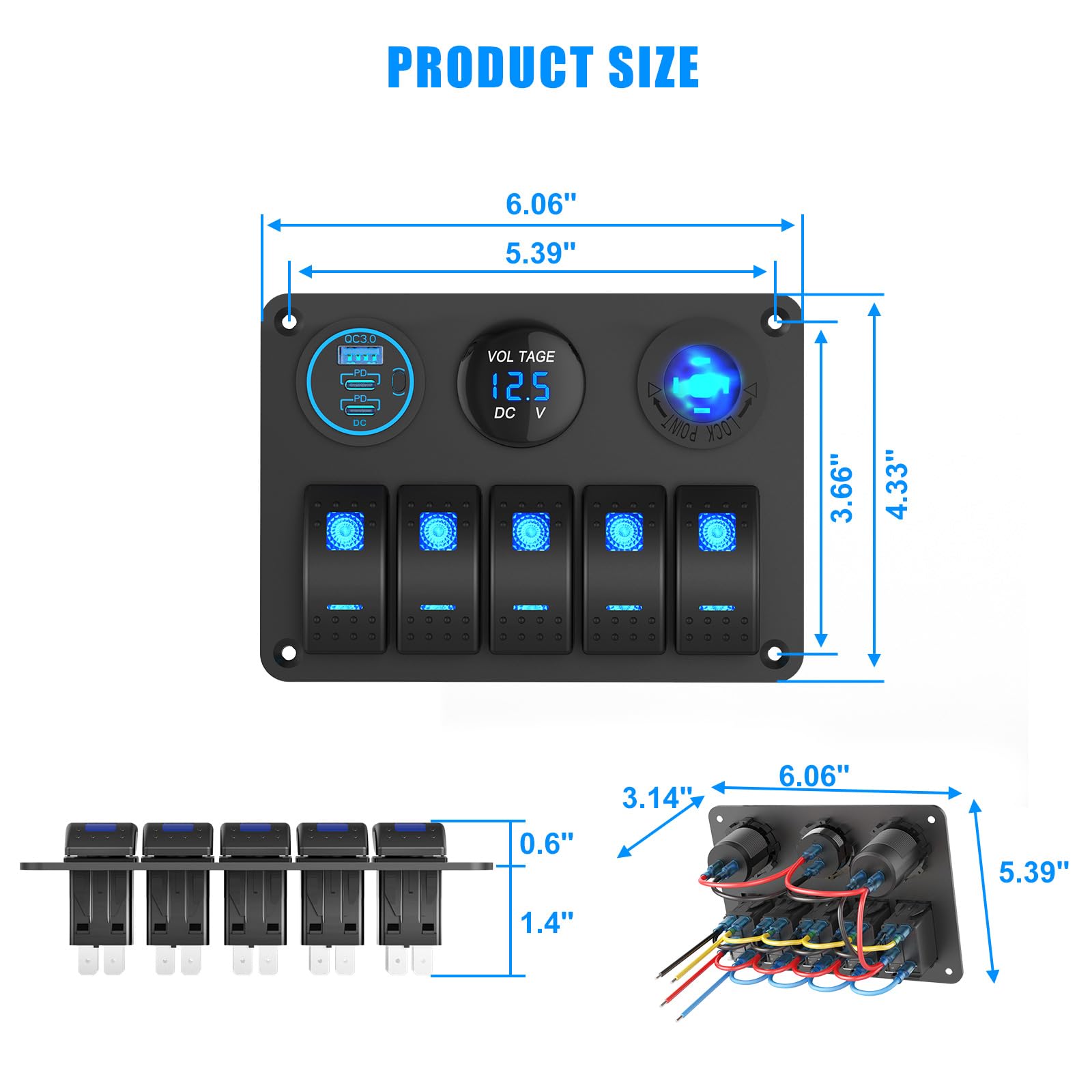 Wodoodporny panel przełączników 5-gniazdowy aluminiowy przełącznik kołyskowy 12V 66W 3-portowe USB gniazdo zapalniczki 150W