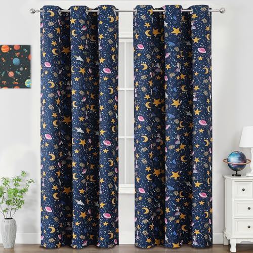 Image of Navy Blue Star Moon Theme Blackout Curtains 84 Inches Long for Boys Bedroom | Estelar Textiler Unicorn Space Kids Curtains for Nursery,Light Blocking Rocket Printed Grommet Window Drapes,38Wx84L,2 Panels