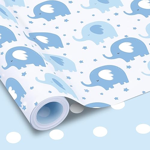 Rollo de papel de regalo reversible para baby shower, 17 pulgadas x 33 pies, diseño de elefante azul, papel de regalo para baby shower, bebé nuevo,