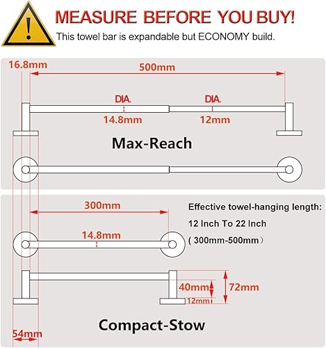 Miniatura 2 de HOMOTEK Toallero ajustable para toallas de baño de 14 a 24.5 pulgadas, toallero individual de 14 a 24.5 pulgadas, toallero de montaje en pared,