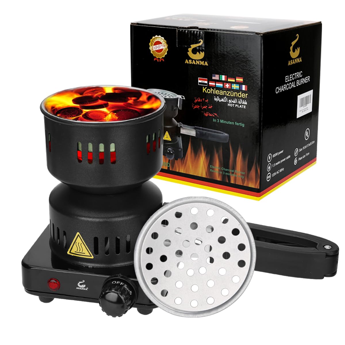 Charcoal Starter - Coal Burner for Cubes Hot Plate Durable Faster Electric Coal Stove 120V~650W Charcoal Burner with Detachable Handle Stainless Steel Grill & Rack Smart Heat Control for BBQ Kitchen