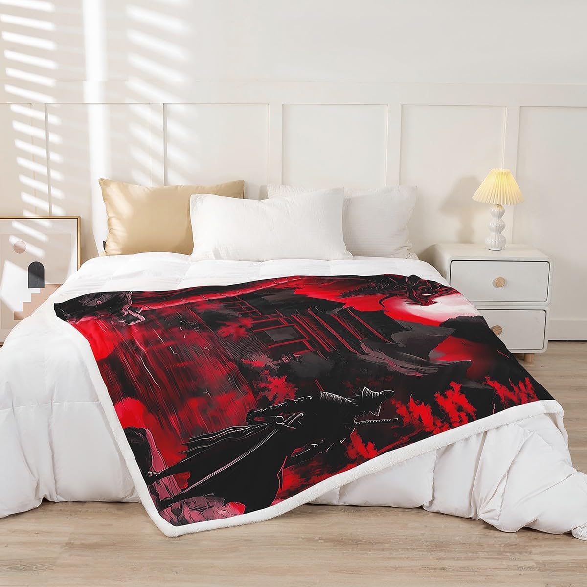 Feelyou Kids Dragon Fleece Throw Blanket Queen 90"x90" Boys Girls Loong Red Sunset Plush Blanket Samurai Sherpa Blanket Japanese Style Japanese Ukiyoe Fuzzy Blanket