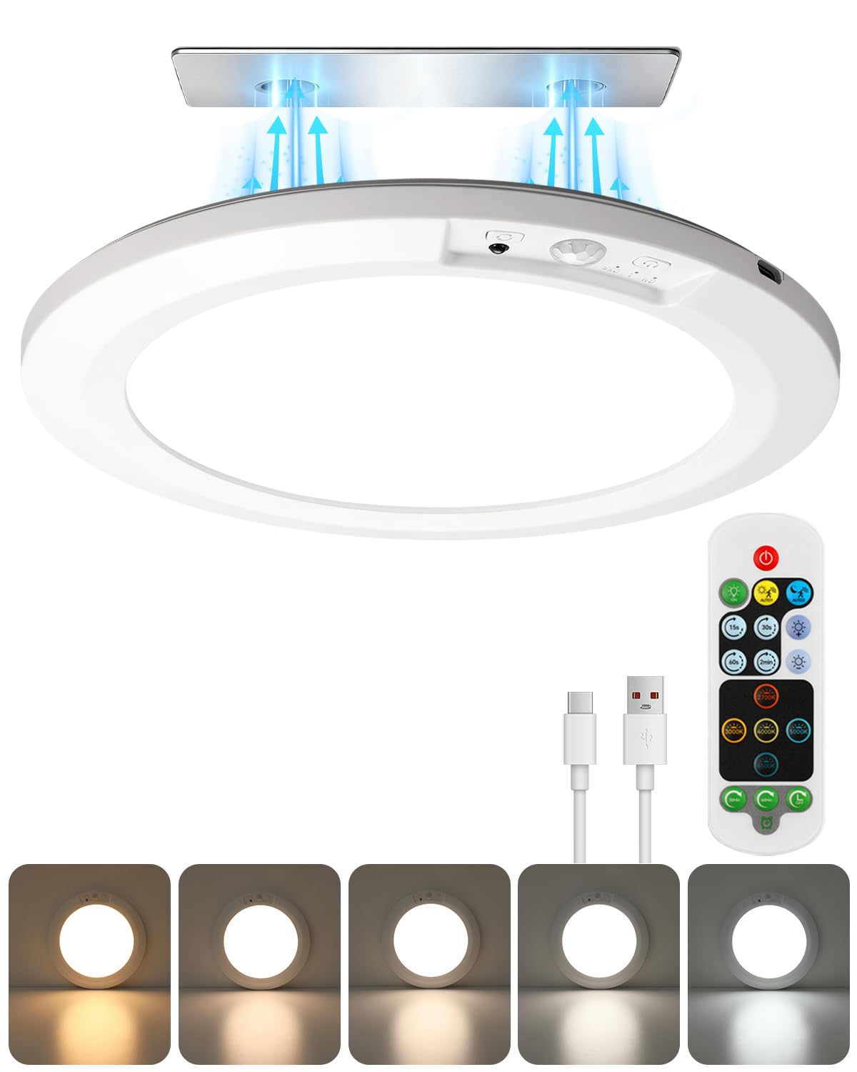 Renter-Friendly Stick-On or Screw Mount, Dimmable with Remote & Timer, 450LM Bright Enough for Closet & Hallway, 1-Pack Rechargeable Motion Sensor Magnetic Ceiling Light, 60-Day Battery Life