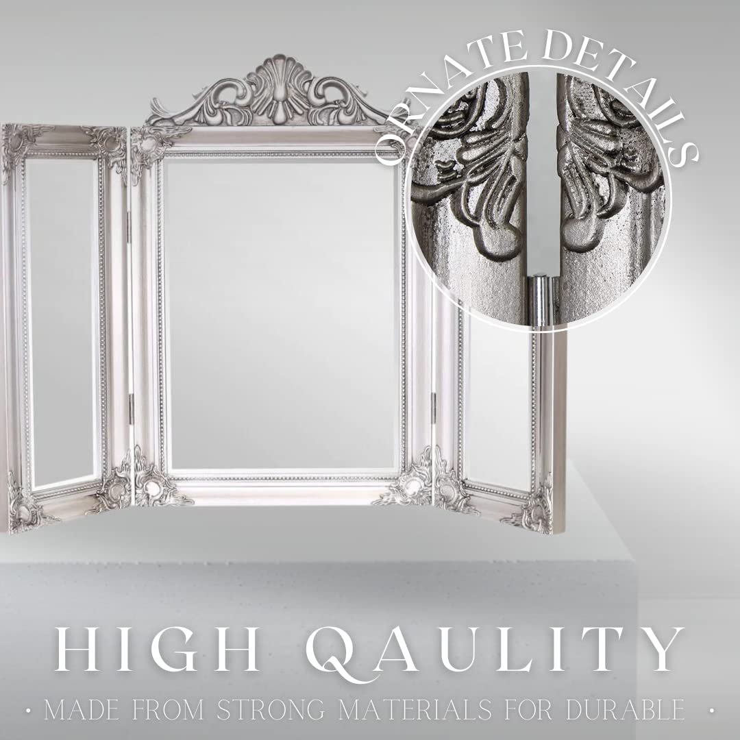 HomeZone Espejo de tocador dorado de pie, triple plegable, de cristal ornamentado, para baño, dormitorio, tocador