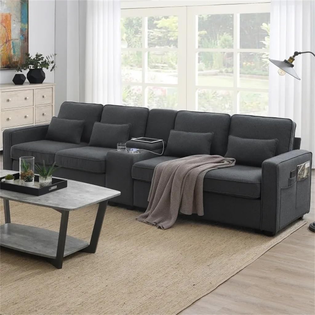 114.2" Upholstered Sofa with Storageable Coffee Table and 2 Cupholders, Port, Linen Fabric Couches