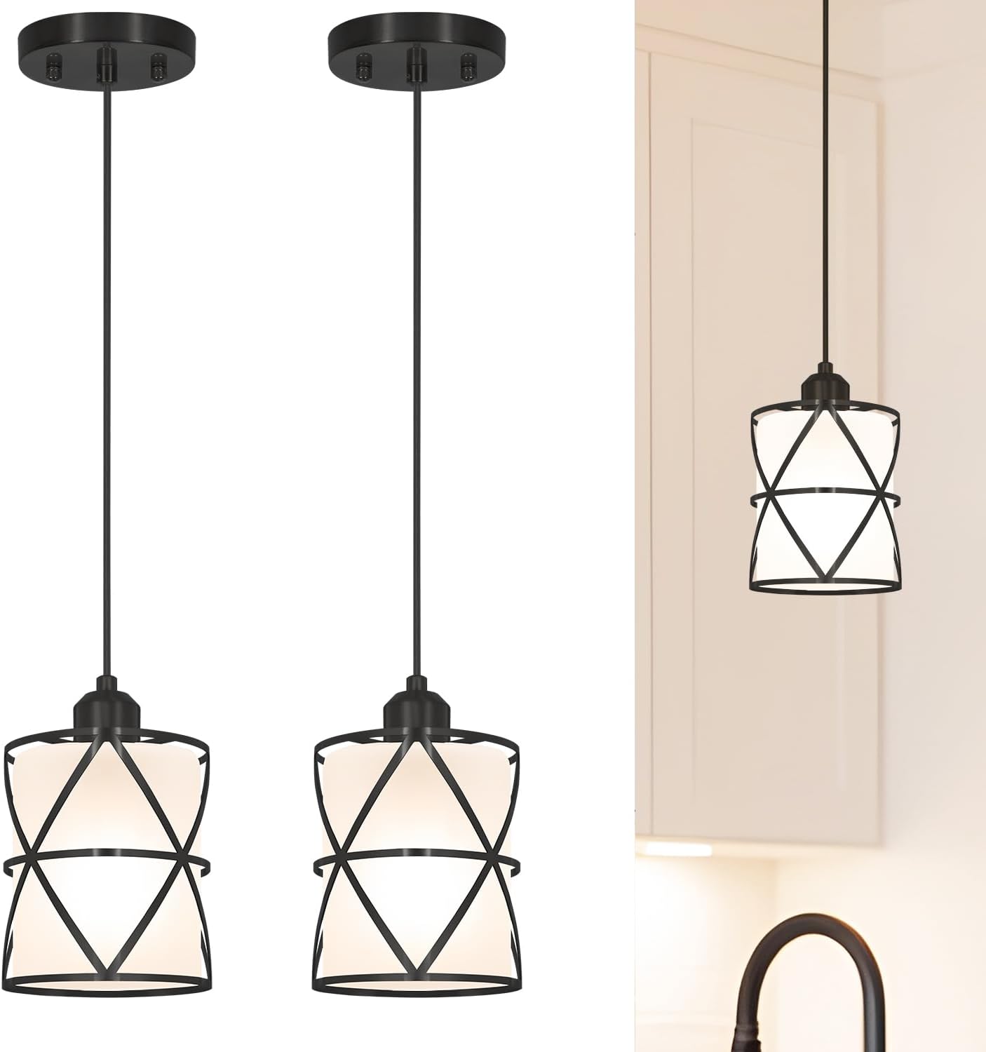 Modern Black Pendant Lights Kitchen Island 2 Pack, Farmhouse Frosted Glass Cylinder Pendant Light Fixture,Island Lights for Kitchen,Pendant Lighting for Home Decor - 5.51 Inch Shade 59.06 Inch Cord