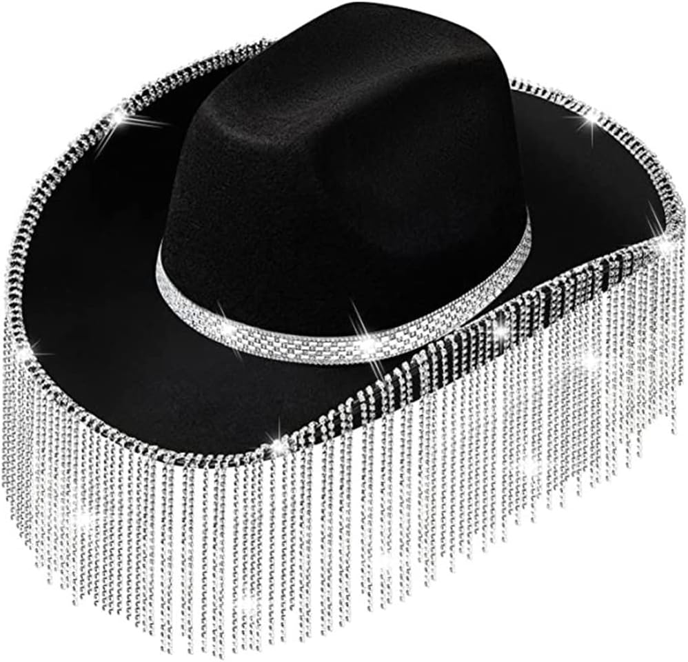 Rhinestones Cowgirl Hats Glitter Rave Cow Girl Hat with Rhinestones Fringe Adult Size Cowboy Hat for Party 3 Color