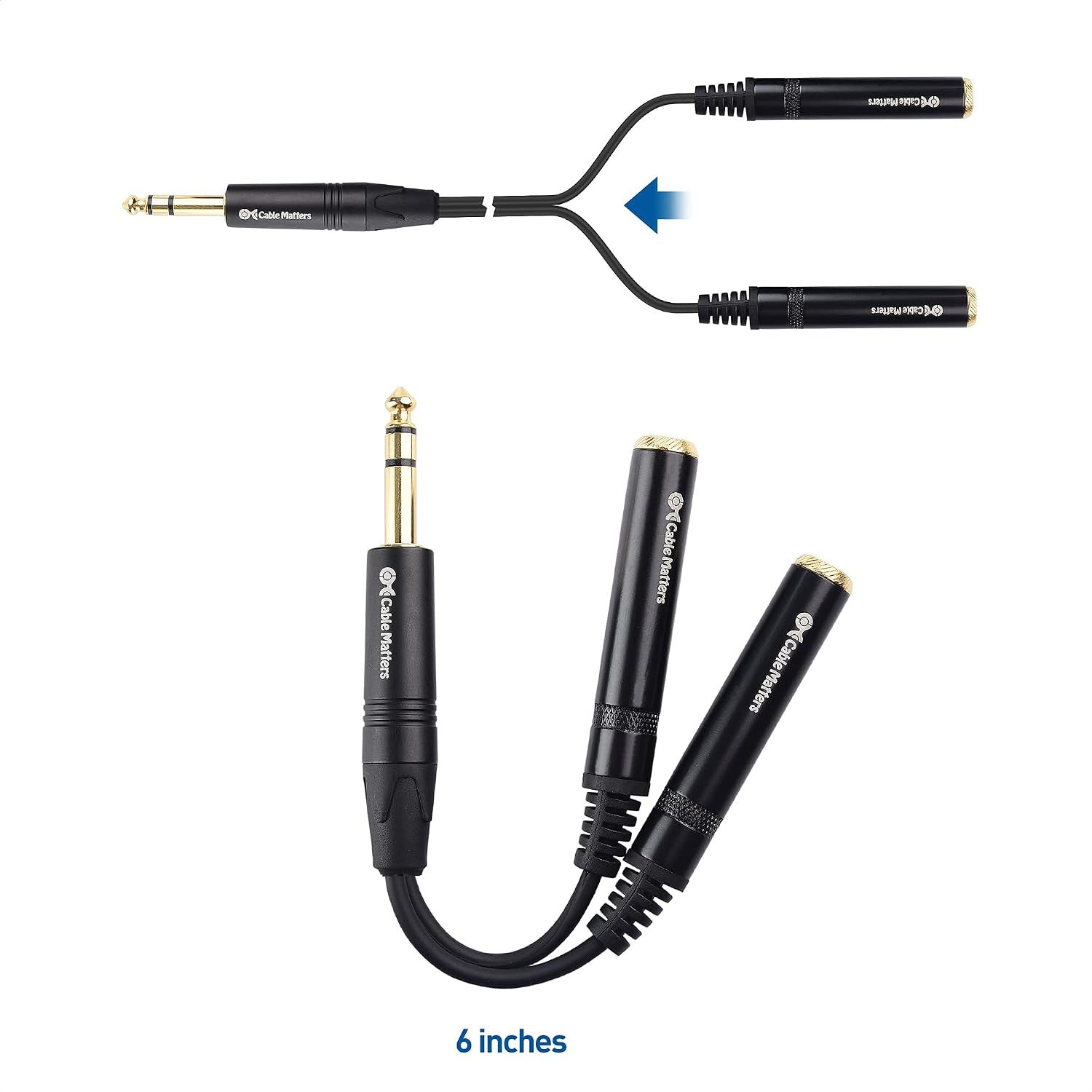 Cable Matters 2-Pack TRS Male to 2X TRS Female 1/4 Splitter Cable (1/4 Inch Headphone Splitter Cable) in Black - 0.2m / 6 Inches