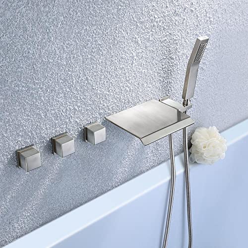 Jiayoujia Waterfall Wall Mounted Tub Faucet With Hand Shower Brushed Nickel Bathroom Wall Bathtub Filler Faucet Stainless Steel Hand Sprayer Included #TOP2