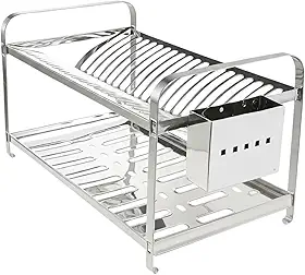 Escorredor de Pratos 2 Andares em Aço Inox com Suporte Removível para Talheres Capacidade para até 16 Pratos