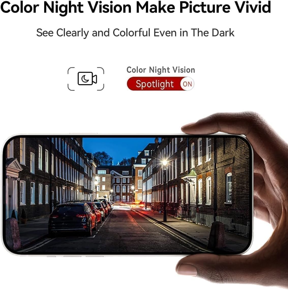 Smartphone displaying a vivid color night vision view of a street at night.