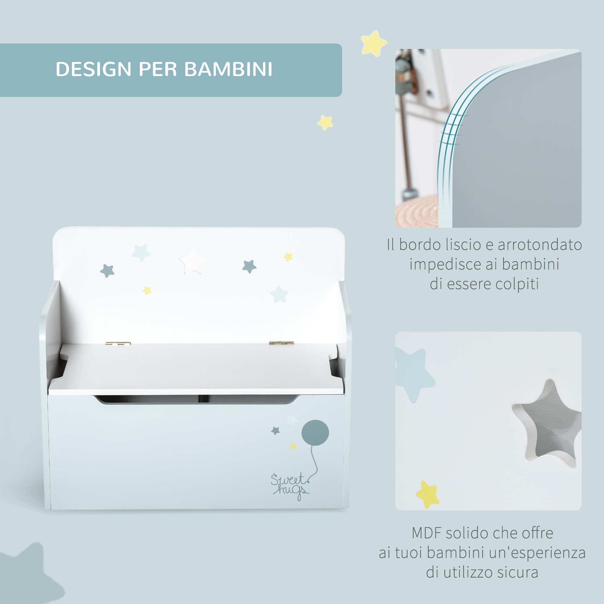 HOMCOM Panca Contenitore Portagiochi 2 in 1 in Legno, Cassapanca con Schienale per Bambini da 3-6 Anni, 60x30x50 cm, Azzurro