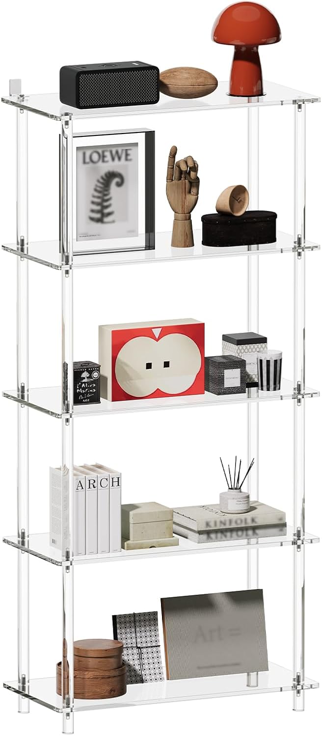 5-Tier Acrylic Bookshelf, 11.6" D x 23.6" W x 51.2" H, Modern Clear Bookcase for Home Office, Multifunctional Open Book Shelves for Living Room, Bedroom, Easy Assembly