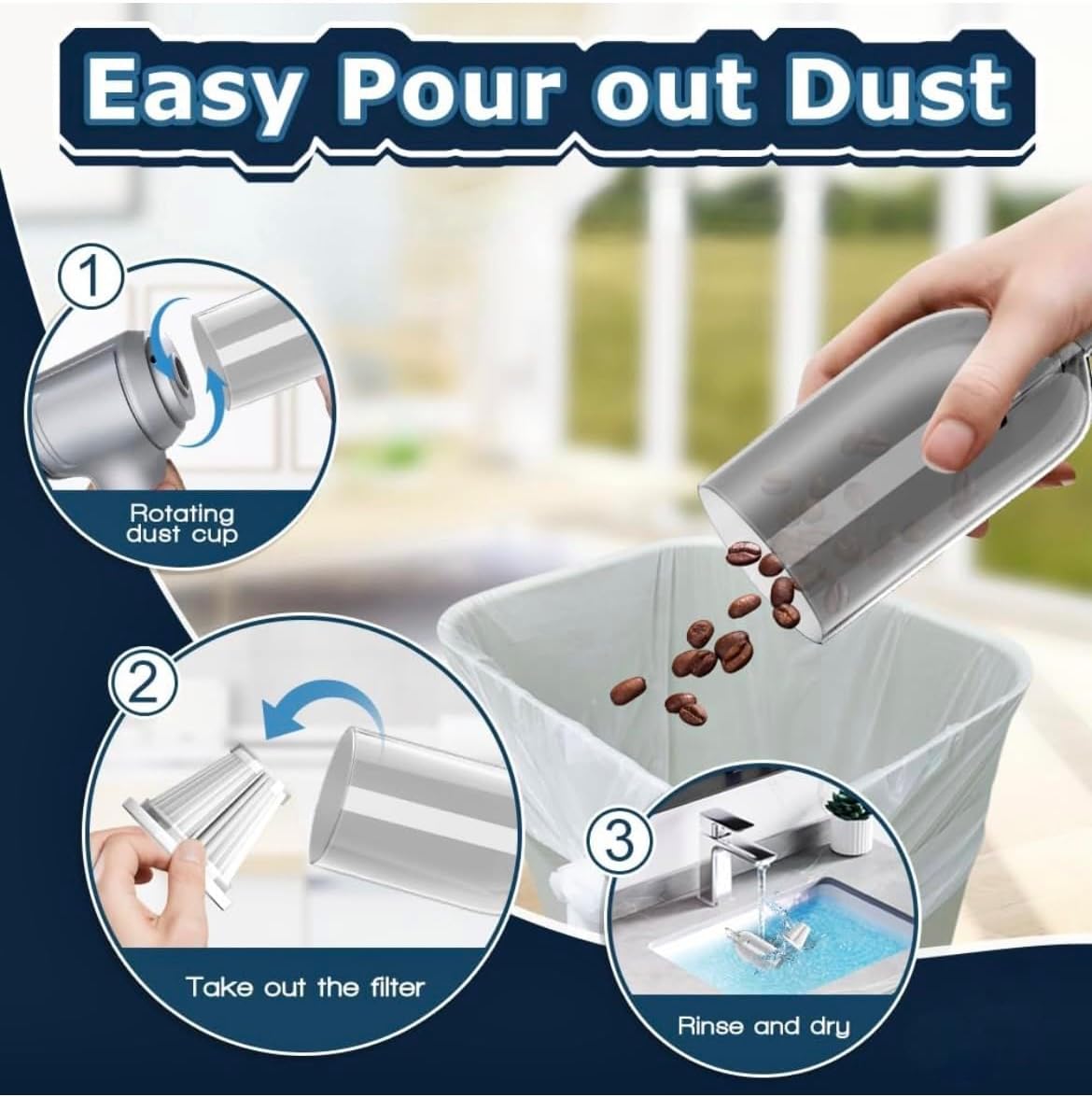 VIVIDUS Handheld Vacuum Cordless, 15000PA Car Vacuum Cleaner High Power, Small Vacuum Cleaner & Blower Portable, 4-in-1 Versatile Rechargeable Handheld Vacuum for Car, Home, Pet Hair Cleaning, White - Image 7